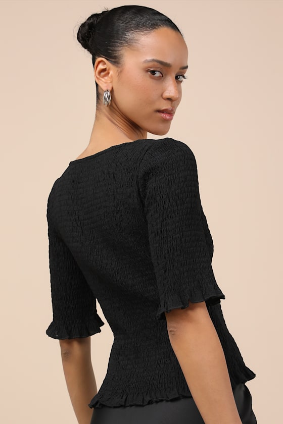 Enna Black Smocked Short Sleeve Top