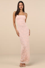 Joni Light Pink 3D Applique Lace Maxi Dress