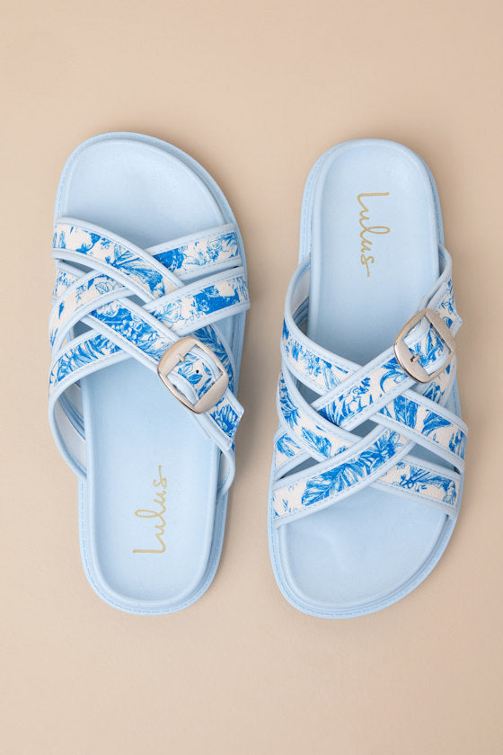 Killian Blue Tropical Print Slide Sandals