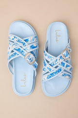 Killian Blue Tropical Print Slide Sandals