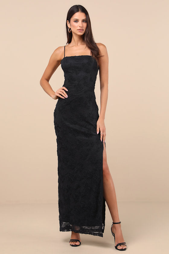 Joni Black 3D Applique Lace Maxi Dress