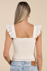 Gioia Cream Ribbed Ruffled Cap Sleeve Top