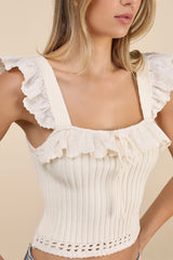 Gioia Cream Ribbed Ruffled Cap Sleeve Top