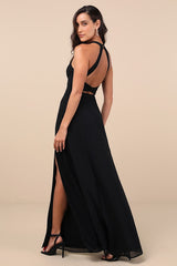 Confidently Charismatic Black Backless Halter Maxi Dress