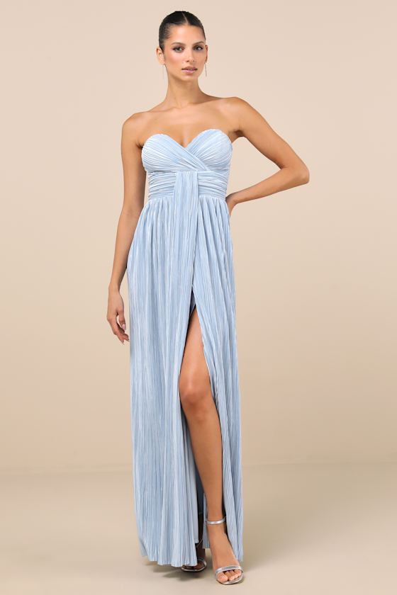 Oswin Light Blue Satin Plisse Strapless Maxi Dress