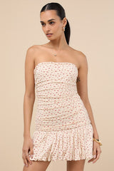 Diella Cream Cherry Print Strapless Bubble-Hem Mini Dress