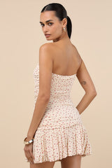 Diella Cream Cherry Print Strapless Bubble-Hem Mini Dress