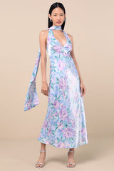 Malani Light Blue Floral Satin Sash Midi Dress