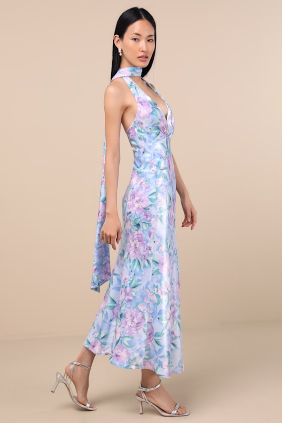 Malani Light Blue Floral Satin Sash Midi Dress