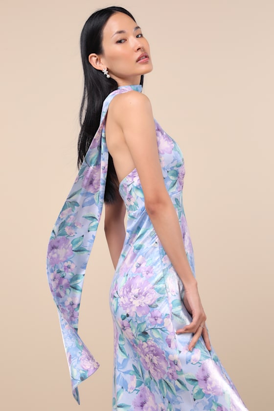 Malani Light Blue Floral Satin Sash Midi Dress