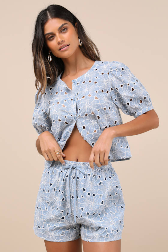 Aminta Blue Eyelet Embroidered Drawstring Shorts