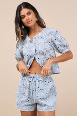 Aminta Blue Eyelet Embroidered Drawstring Shorts