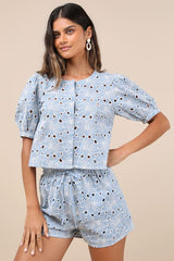 Aminta Blue Eyelet Embroidered Puff Sleeve Top