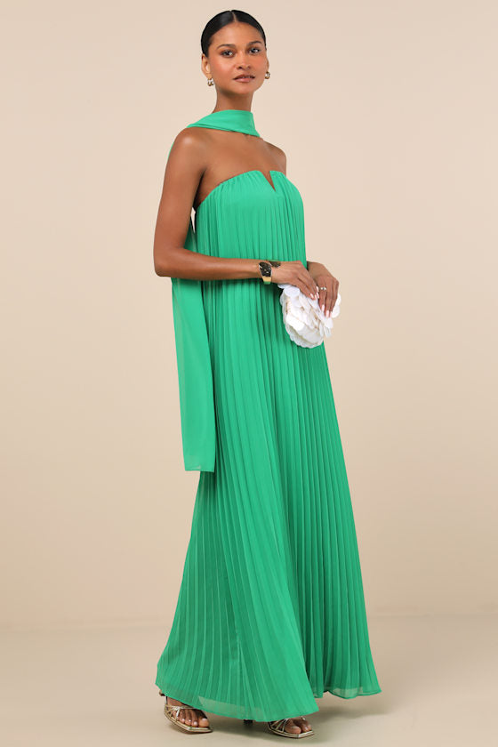 Lael Green Pleated Strapless Dress and Scarf Set
