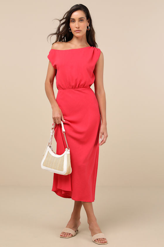 Casual Enchantment Red Linen Off-the-Shoulder Midi Dress