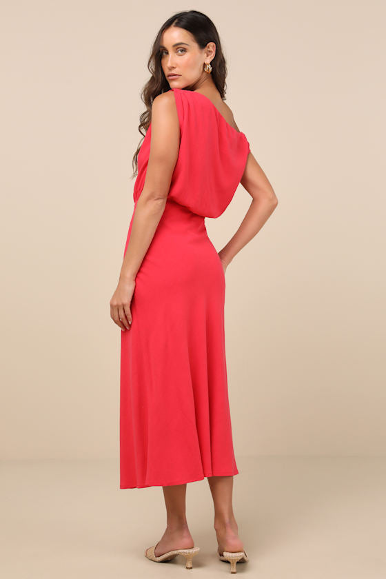 Casual Enchantment Red Linen Off-the-Shoulder Midi Dress