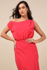 Casual Enchantment Red Linen Off-the-Shoulder Midi Dress