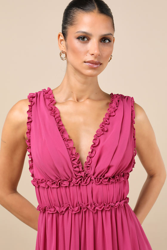 Helvia Berry Pink Ruffled Sleeveless Maxi Dress