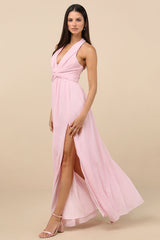 Marilina Light Pink Pleated Twist-Front Maxi Dress