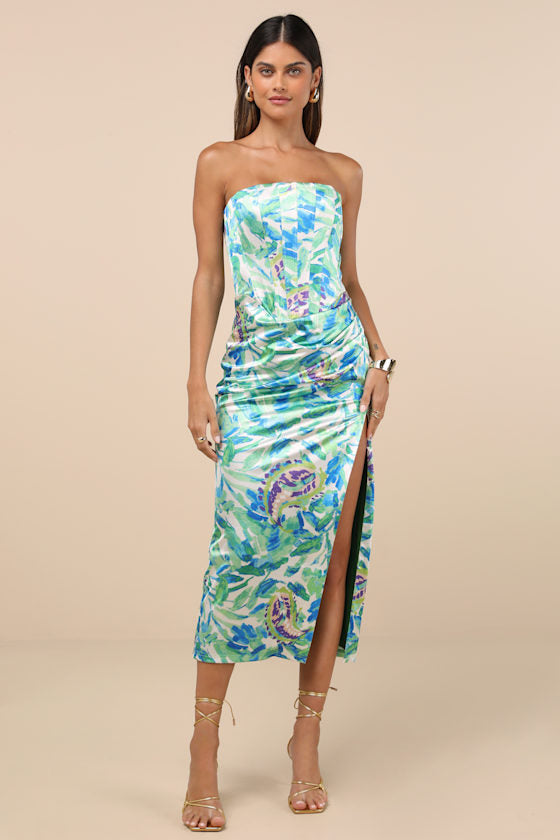 Deasia Green and Blue Floral Bustier Midi Dress