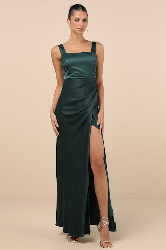 Red Carpet Romance Emerald Green Satin Square Neck Maxi Dress