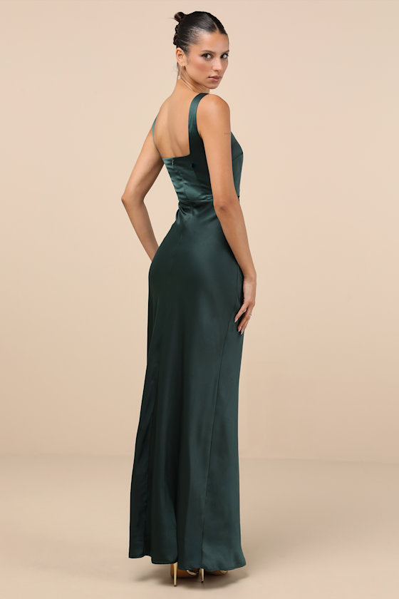 Red Carpet Romance Emerald Green Satin Square Neck Maxi Dress
