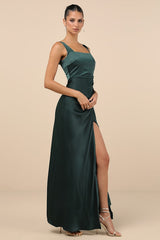 Red Carpet Romance Emerald Green Satin Square Neck Maxi Dress