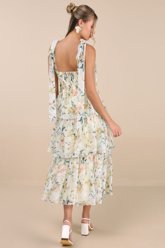 Svea Light Yellow Floral Tiered Tie-Strap Midi Dress