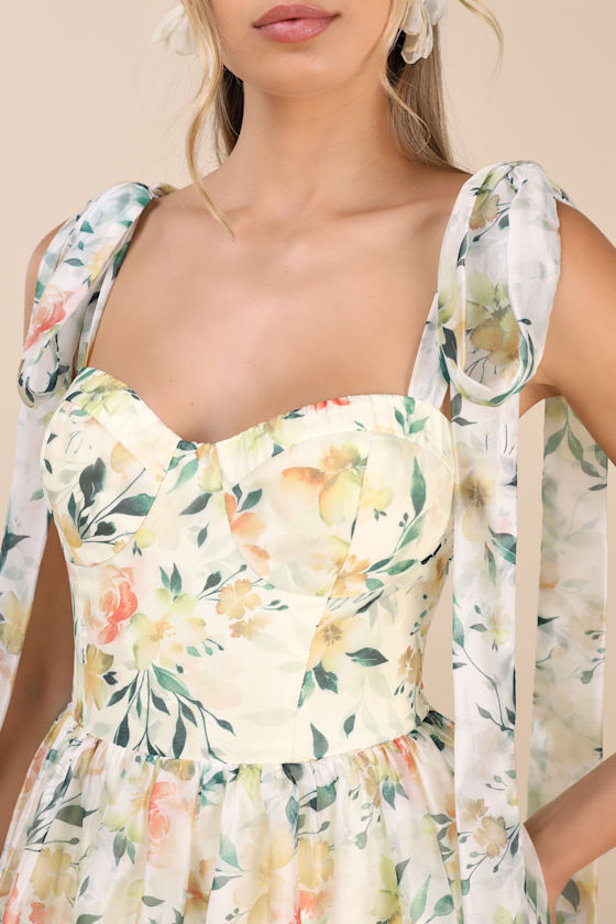 Svea Light Yellow Floral Tiered Tie-Strap Midi Dress