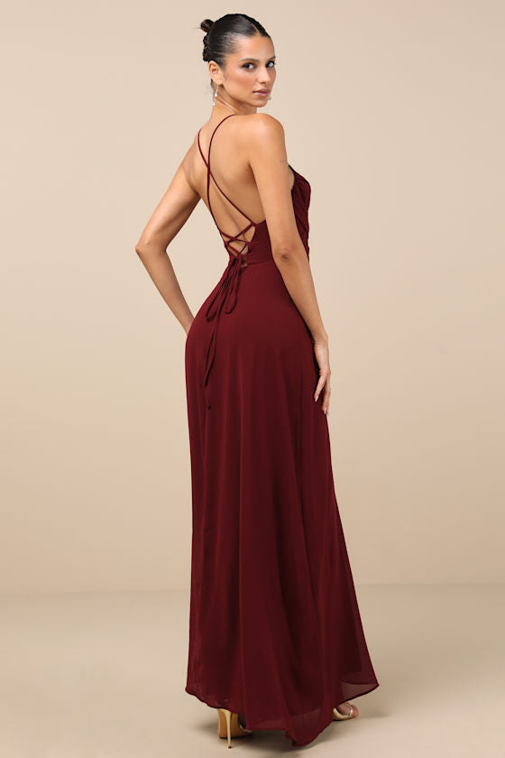 Event Ready Burgundy Backless Lace-Up Maxi Dress