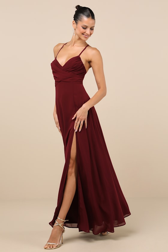 Event Ready Burgundy Backless Lace-Up Maxi Dress