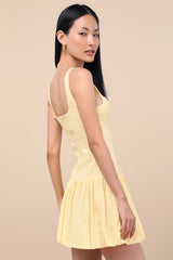 Khamari Yellow Textured Drop Waist Bubble-Hem Mini Dress