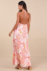 Nikoletta Coral Pink Paisley Print Halter Maxi Dress