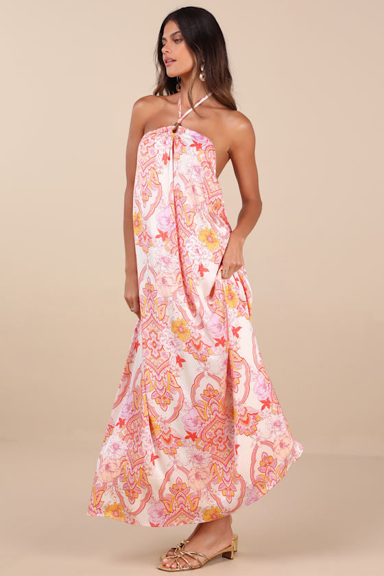 Nikoletta Coral Pink Paisley Print Halter Maxi Dress