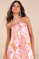 Nikoletta Coral Pink Paisley Print Halter Maxi Dress