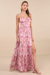 Novella Pink Floral Ruffled Bustier Lace-Up Maxi Dress