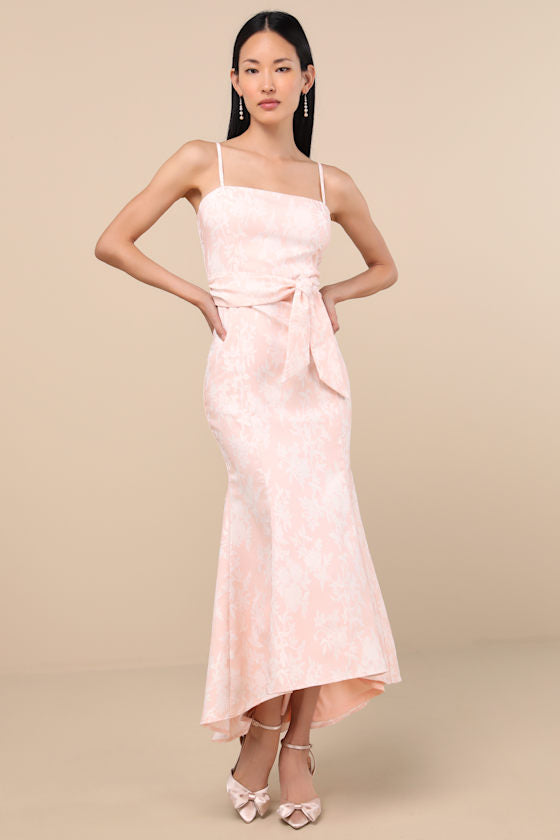 Gwenth Blush Floral Jacquard High-Low Midi Dress