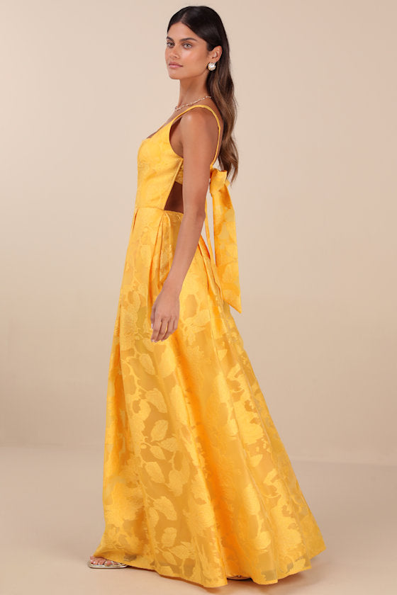 Perfected Aura Yellow Jacquard Tie-Back Maxi Dress with Pockets