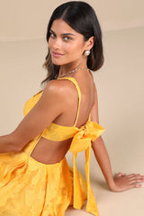 Perfected Aura Yellow Jacquard Tie-Back Maxi Dress with Pockets