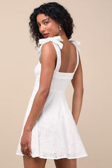 Sneak a Kiss White Floral Embroidered Tie-Strap Mini Dress
