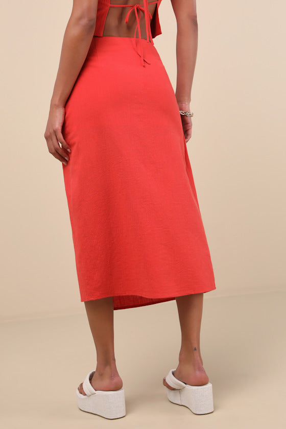 Aubin Red Column Wrap Midi Skirt