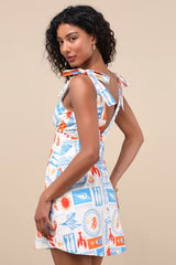 Athina White Multi Print Tie-Strap Mini Dress