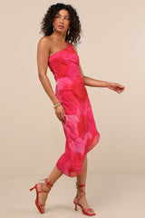 Pretty Serene Pink Floral One-Shoulder Asymmetrical Midi Dress