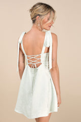 Precious Allure Light Sage Green Jacquard Tie-Strap Mini Dress