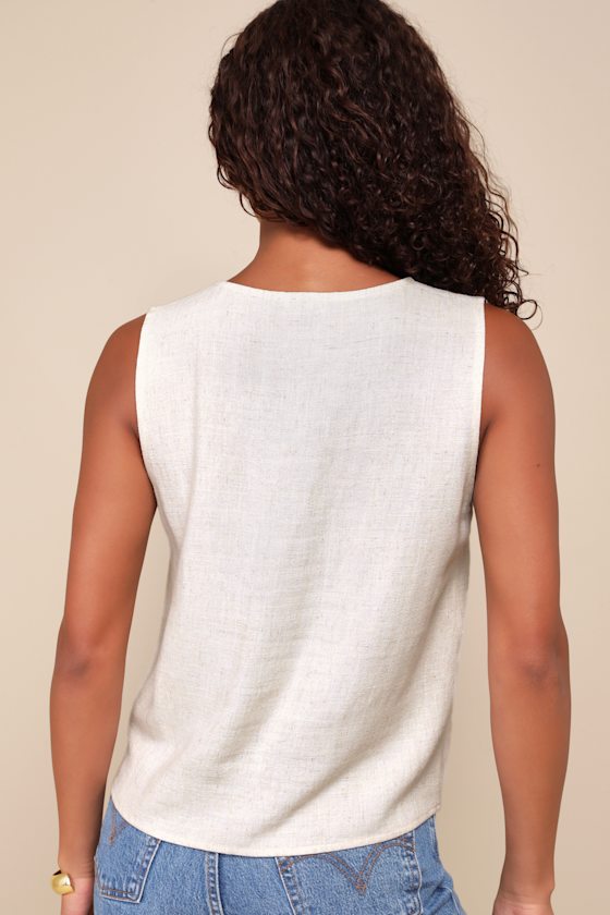 Casually Sophisticated Beige Linen Sleeveless Button-Front Top