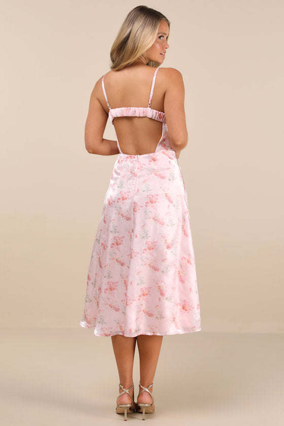 Selini Blush Pink Floral Satin Bustier Backless Midi Dress
