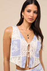 Elfreda Blue and Cream Crochet Knit Patchwork Tie-Front Top