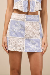 Elfreda Blue and Cream Crochet Knit Patchwork Mini Skirt