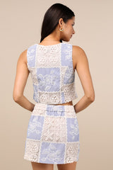 Elfreda Blue and Cream Crochet Knit Patchwork Mini Skirt