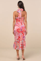 Juno Red Multi Floral Halter Trumpet Midi Dress